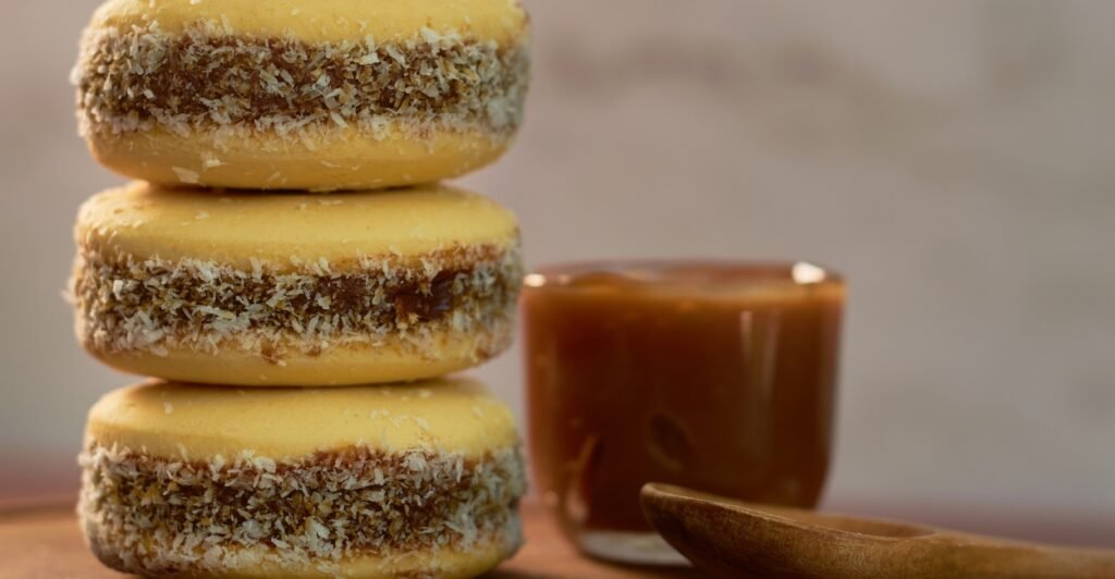 Alfajor argentino recheado com doce de leite e coberto com chocolate.