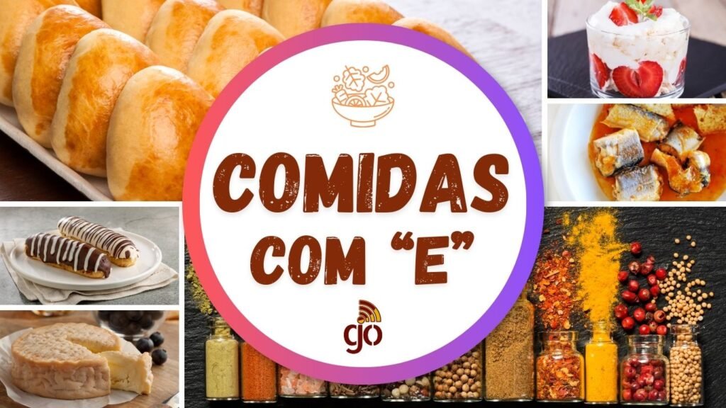 Diversas comidas com E em um mosaico. Esfihas, Escondidinho, empadas, empanadas e muito mais. Comidas com todas as letras do alfabeto.