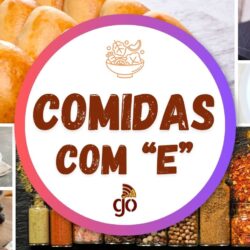 Diversas comidas com E em um mosaico. Esfihas, Escondidinho, empadas, empanadas e muito mais.