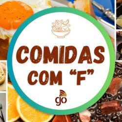 Comidas com F dispostas em um mosaico de fotos: feijoada, falafel, filó, fungi, focaccia e muito mais.