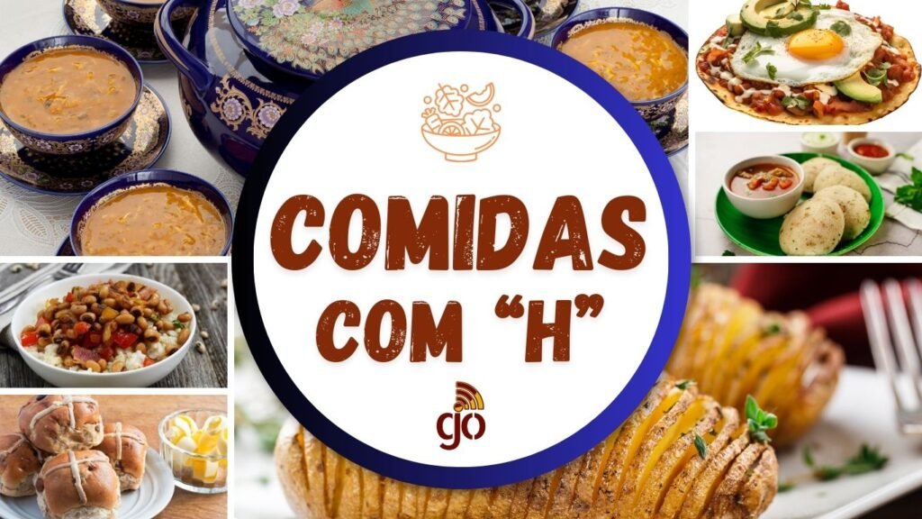 diversas Comidas com H dispostas em um mosaico de imagens. Comidas com todas as letras do alfabeto.