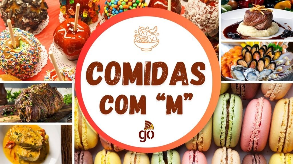 Mosaico de comidas iniciadas com a letra m e com todas as letras do alfabeto.