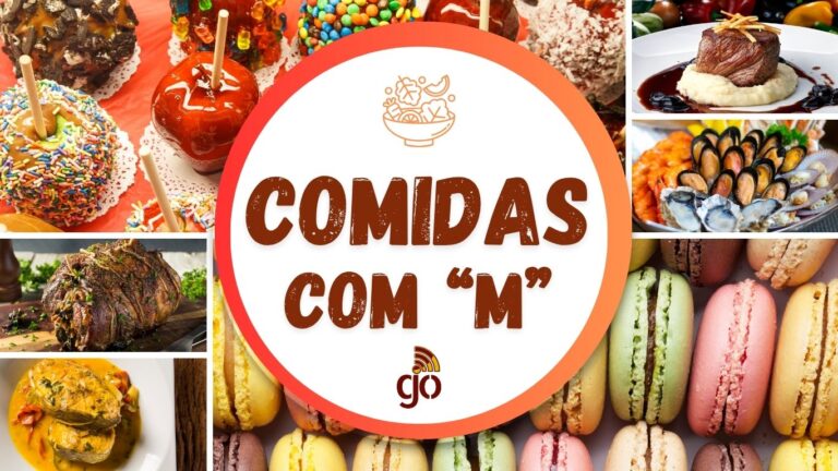 Mosaico de comidas iniciadas com a letra m e com todas as letras do alfabeto.
