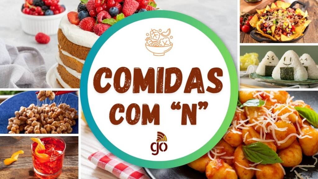 Mosaico com 6 comidas com N, parte da coleção de comidas de A a Z. Comidas com todas as letras do alfabeto.