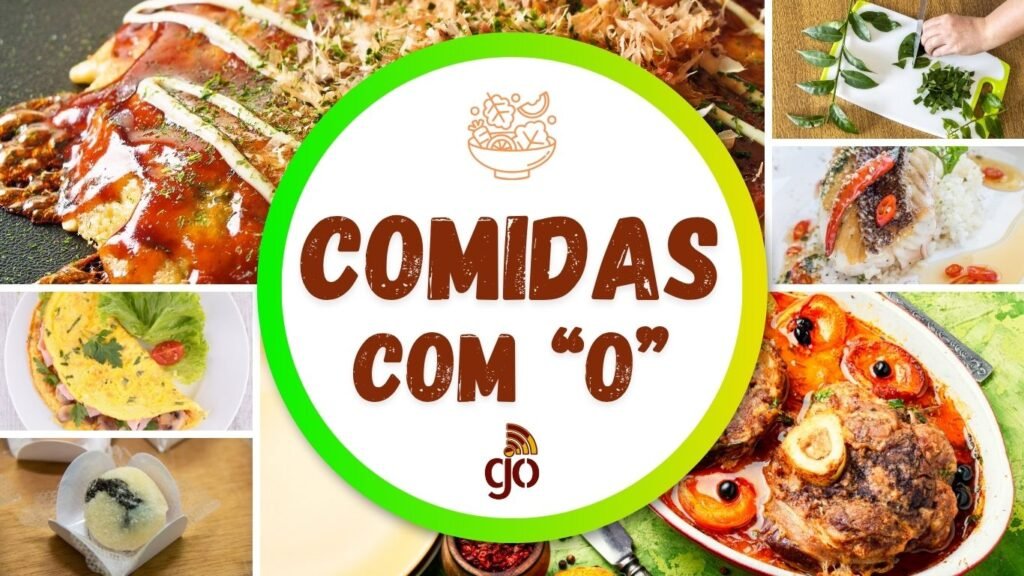 Mosaico com 6 comidas com O, parte da coleção de comidas de A a Z. Comidas com todas as letras do alfabeto.