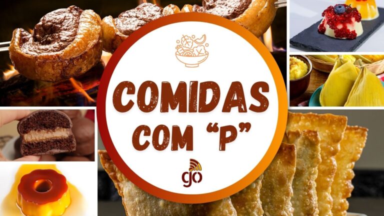 Mosaico com 6 comidas com P, parte da coleção de comidas de A a Z. Comidas com todas as letras do alfabeto.