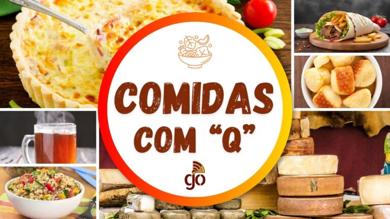 Mosaico com 6 comidas com Q, parte da coleção de comidas de A a Z. Comidas com todas as letras do alfabeto.