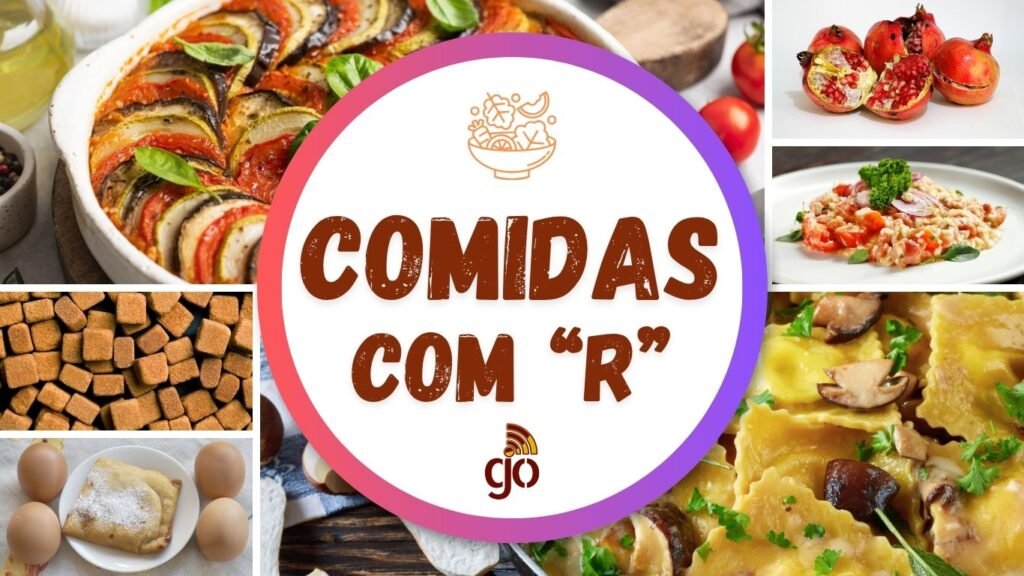 Mosaico com 6 comidas com R, parte da coleção de comidas de A a Z. Comidas com todas as letras do alfabeto.