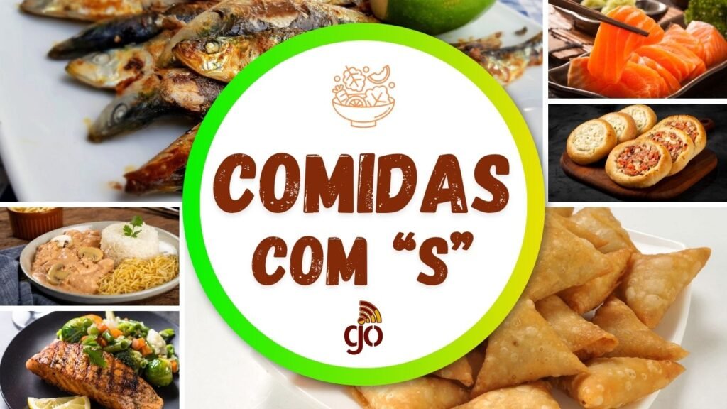 Mosaico com 6 comidas com S, parte da coleção de comidas de A a Z. Comidas com todas as letras do alfabeto.