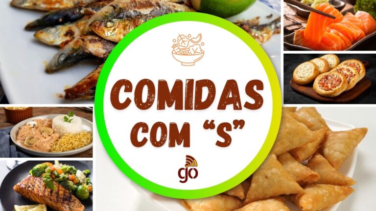 Mosaico com 6 comidas com S, parte da coleção de comidas de A a Z. Comidas com todas as letras do alfabeto.