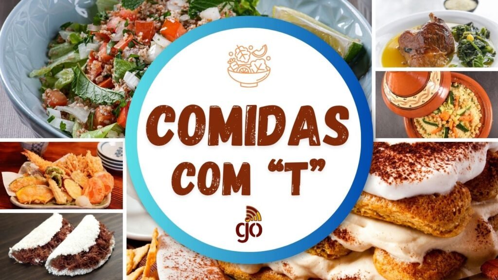 Mosaico com 6 comidas com T, parte da coleção de comidas de A a Z. Comidas com todas as letras do alfabeto.