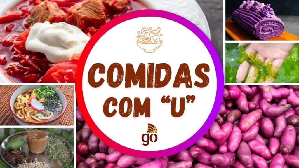 Mosaico com 6 comidas com U, parte da coleção de comidas de A a Z. Comidas com todas as letras do alfabeto.