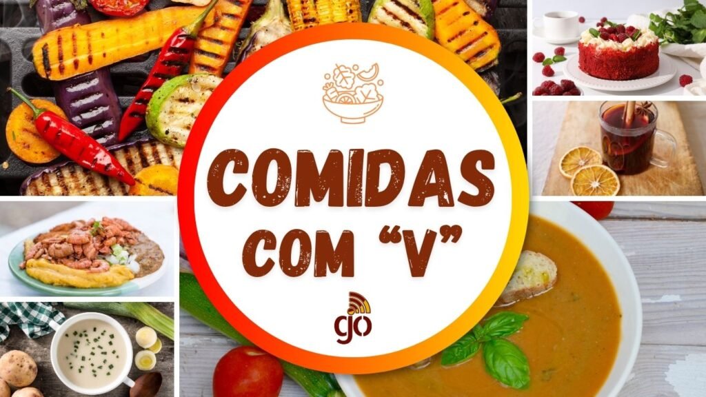 Mosaico com 6 comidas com V, parte da coleção de comidas de A a Z. Comidas com todas as letras do alfabeto.