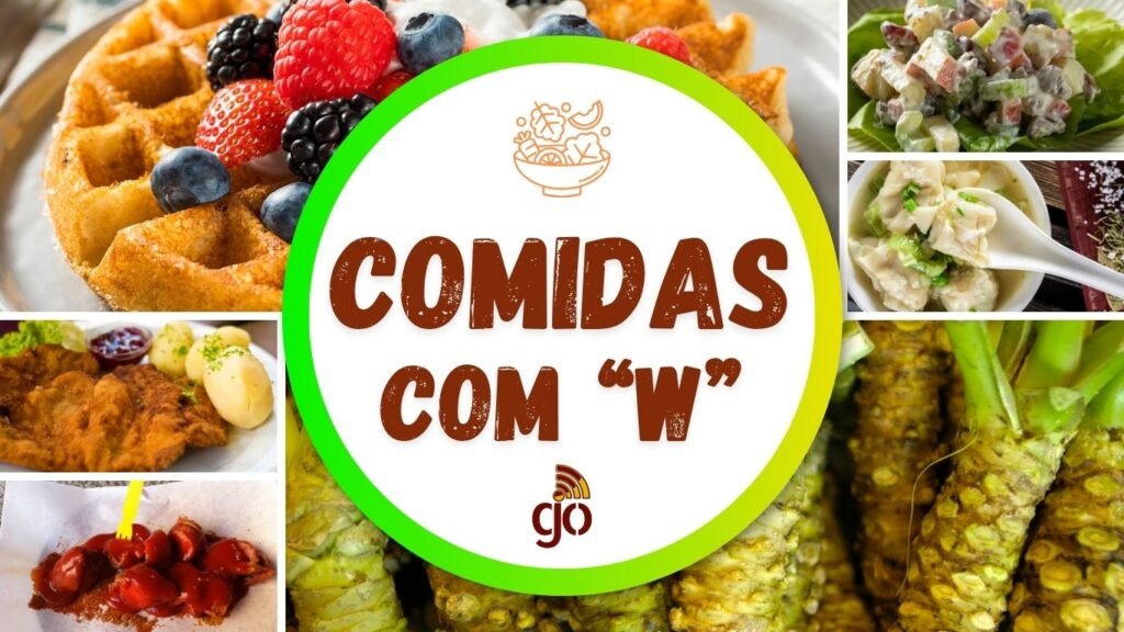 Mosaico com 6 comidas com W, parte da coleção de comidas de A a Z. Comidas com todas as letras do alfabeto.