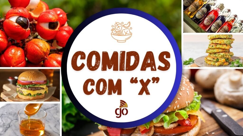 Mosaico com 6 comidas com X, parte da coleção de comidas de A a Z. Comidas com todas as letras do alfabeto.