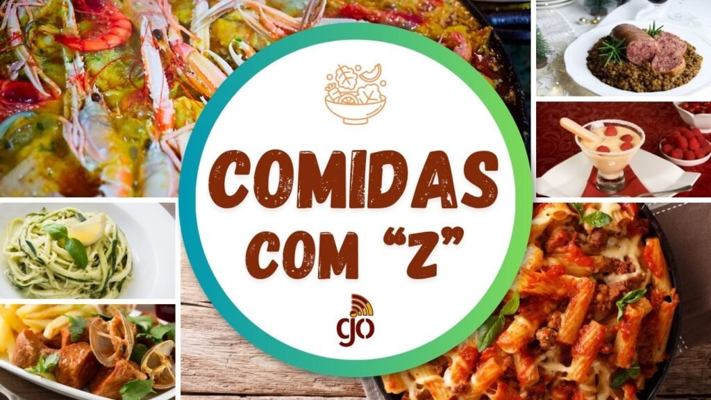 Mosaico com 6 comidas com Z, parte da coleção de comidas de A a Z. Comidas com todas as letras do alfabeto.