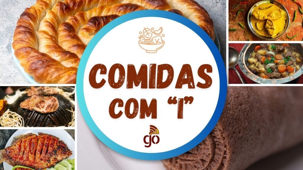 diversos pratos dispostos com comidas com I como inhoque, iogurte, injera, inhame, ice cream. Comidas com todas as letras do alfabeto.
