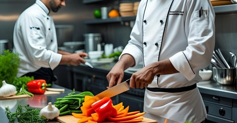 Commis preparando ingredientes ao lado do Chef de Partie em cozinha profissional.