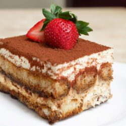 Tiramisù servido em uma travessa, com camadas de biscoito e creme de mascarpone, polvilhado com cacau e morangos.