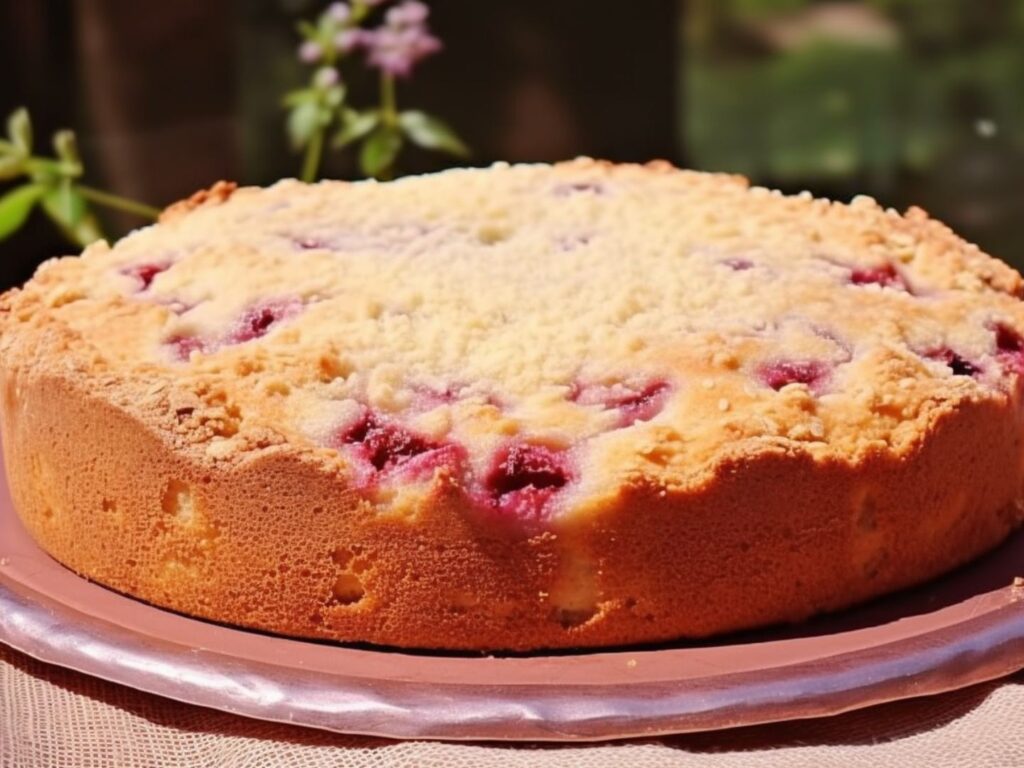 Cuca de farofa crocante servida em uma travessa, com a cobertura dourada e pedaços de fruta visíveis.