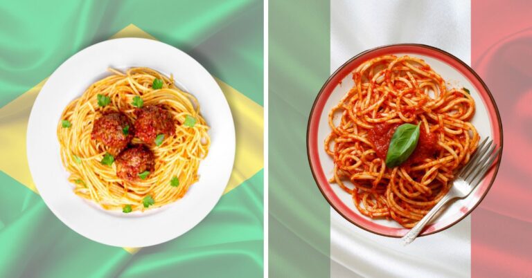 Comparação entre os pratos italianos no brasil. dois pratos de spaguete, sendo que o brasileiro esta servido com almondegas e o italiano esta servido com molho sugo.
