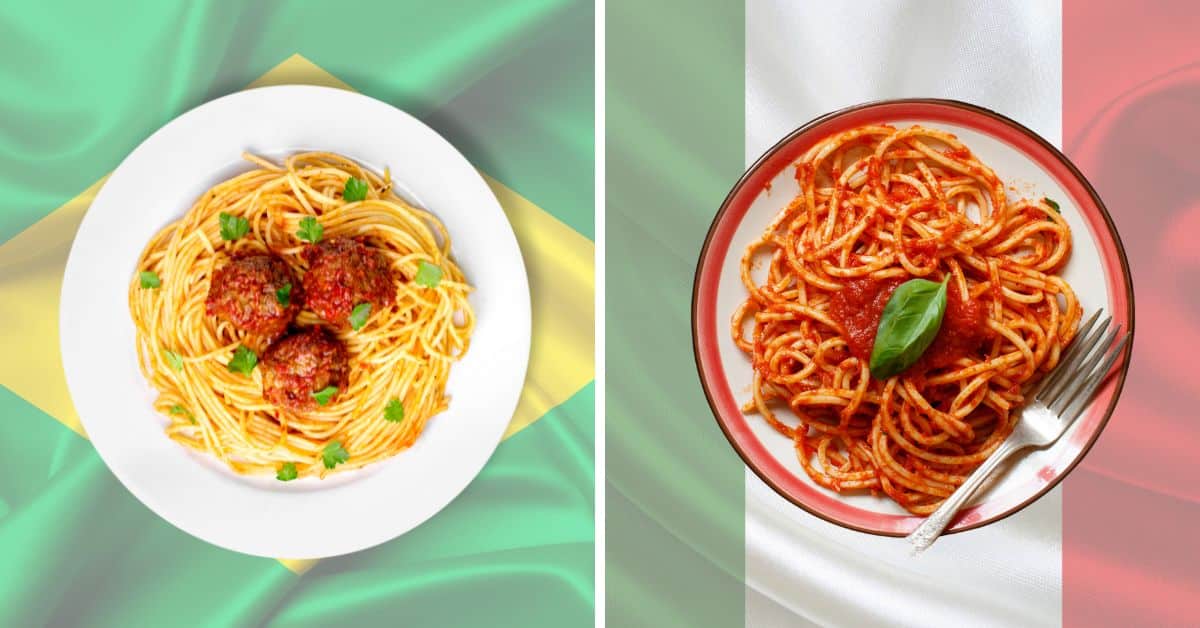 Comparação entre os pratos italianos no brasil. dois pratos de spaguete, sendo que o brasileiro esta servido com almondegas e o italiano esta servido com molho sugo.