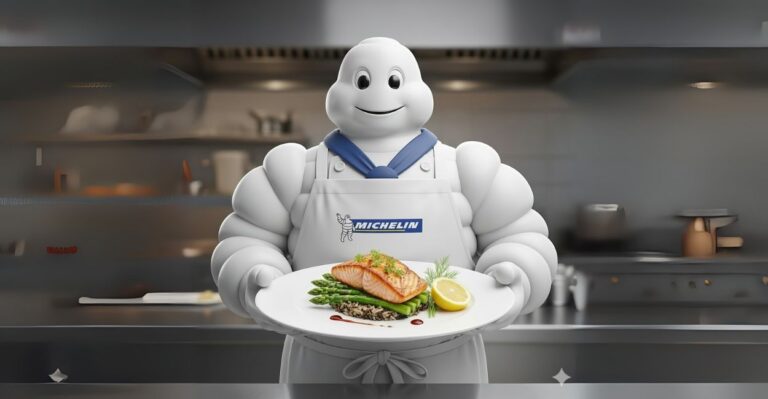 Boneco Michelin de avental segurando um prato estrelado, símbolo do Guia Michelin e das estrelas da gastronomia