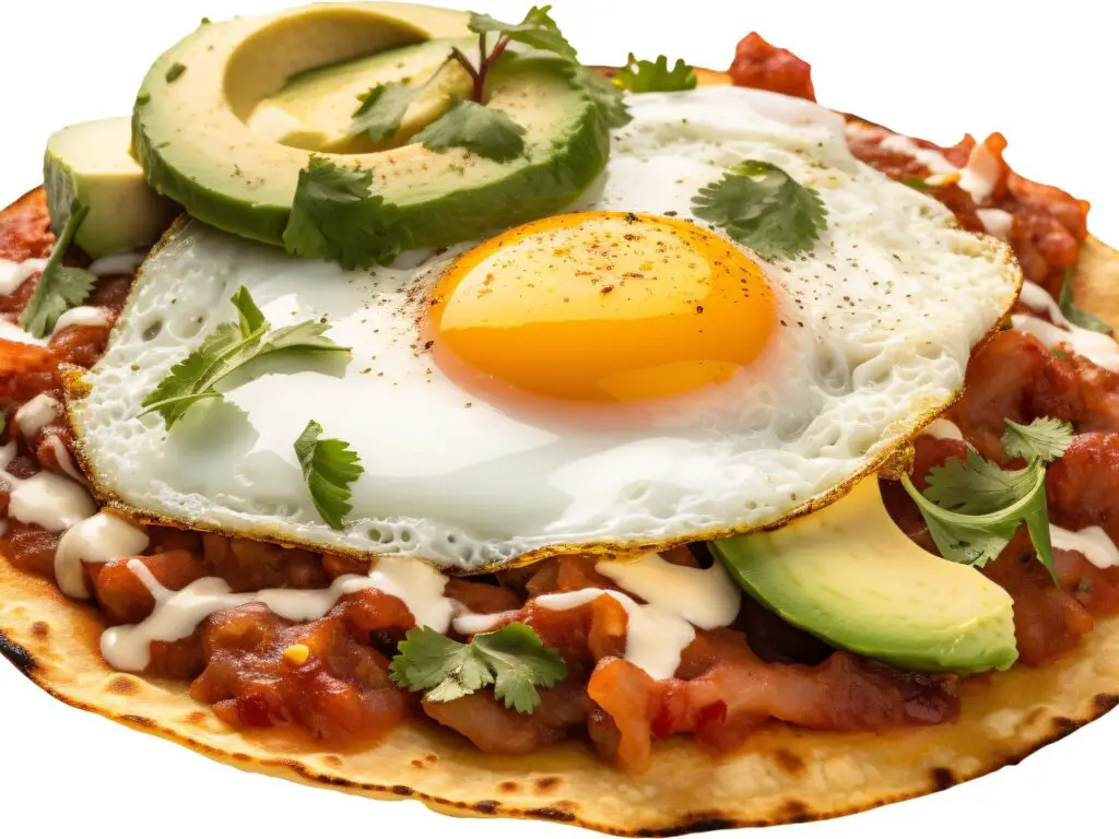 Huevos Rancheros servidos em um prato rústico, com ovos fritos sobre tortillas, acompanhados de molho de tomate, feijão e guacamole.