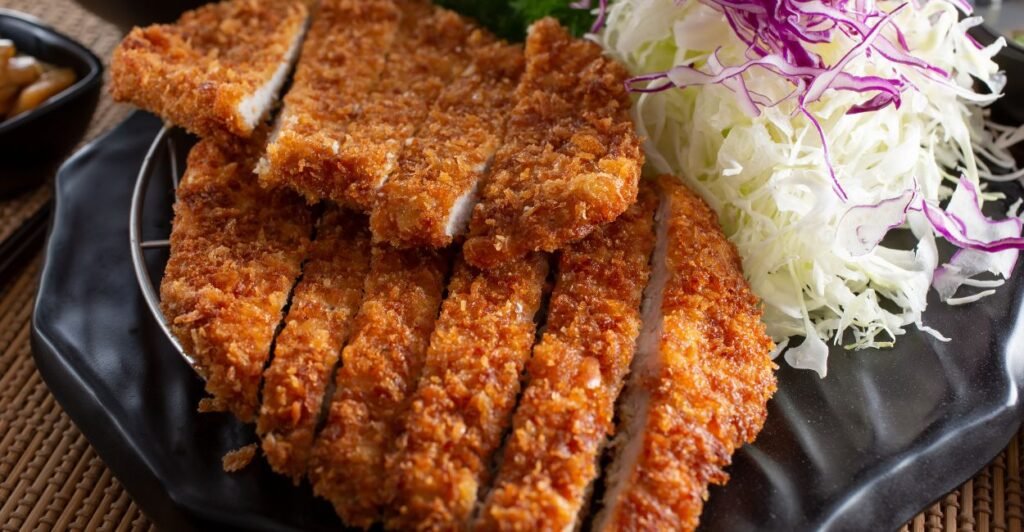 Tonkatsu japonês com arroz e repolho fatiado.