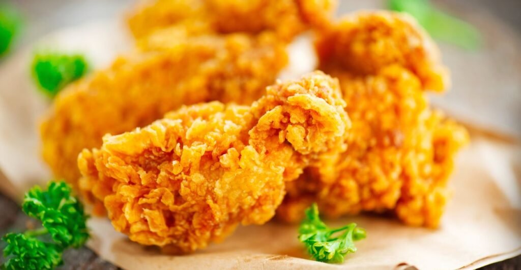 Peças crocantes de frango empanado no estilo americano tradicional.