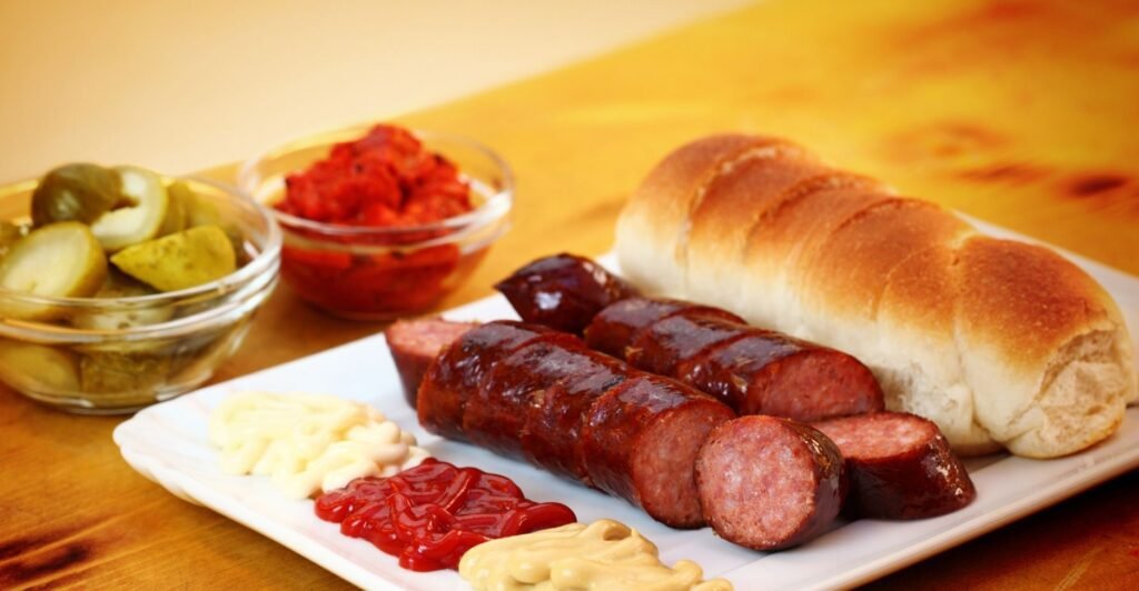 Fatias de Leberwurst, linguiça de fígado alemã, servidas em pão com mostarda.
