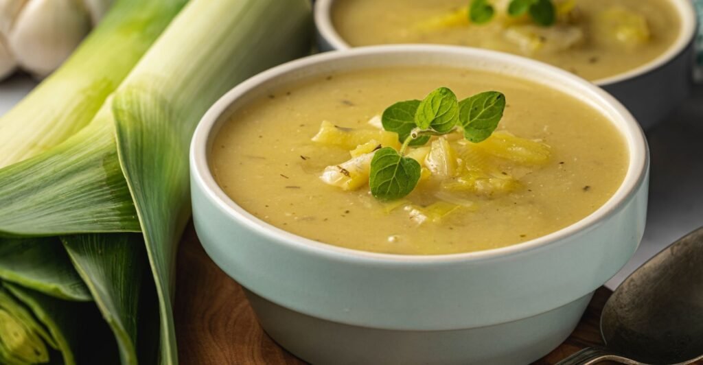 Tigela de sopa cremosa de alho-poró e batata, servida com ervas frescas por cima.
