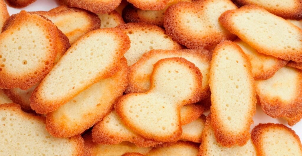 Biscoitos Línguas de Gato finos e dourados, empilhados em prato branco.