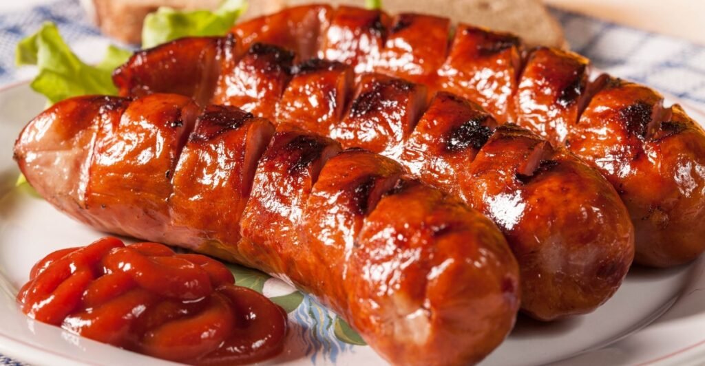 Fatias de linguiça grelhada com cor dourada, servidas em prato com ervas frescas.