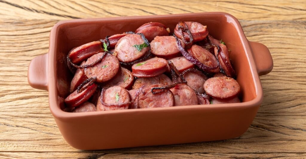 Fatias de linguiça calabresa grelhada com textura crocante, servidas em prato rústico.