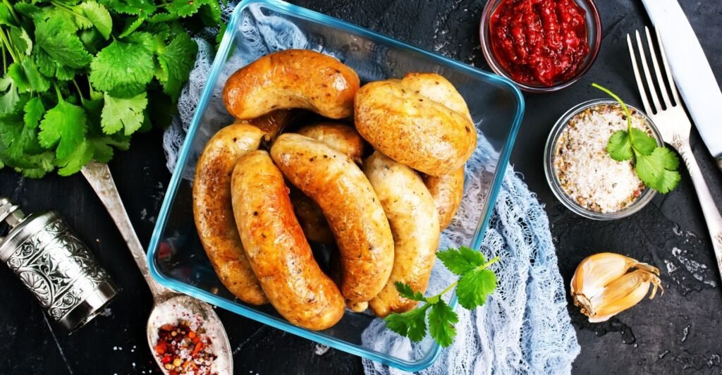 Linguiça de frango grelhada com coloração dourada, servida em prato com molho ao lado.