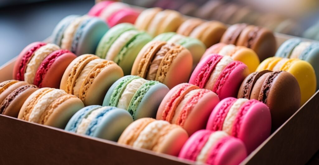 Macarons coloridos, delicados e recheados, doces tradicionais da culinária francesa.