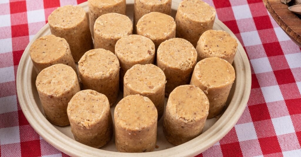 Paçocas caseiras empilhadas em prato de barro, típica comida de festa junina doce.