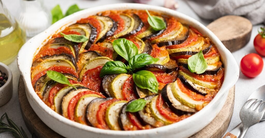 Ratatouille colorido com legumes em rodelas, assado ao forno com ervas, prato clássico da culinária francesa.