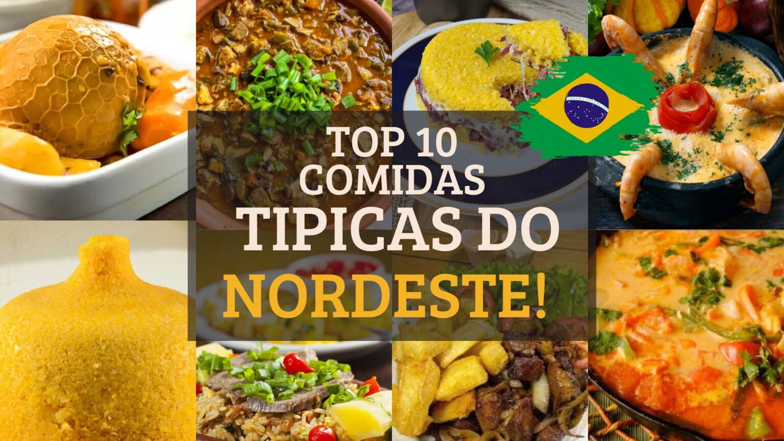 10 comidas da culinária do nordeste dispostos em um mosaico de imagens. acarajé nordestino, baião de dois nordestino, cuscuz nordestino, moqueca baiana, buchada de bode.