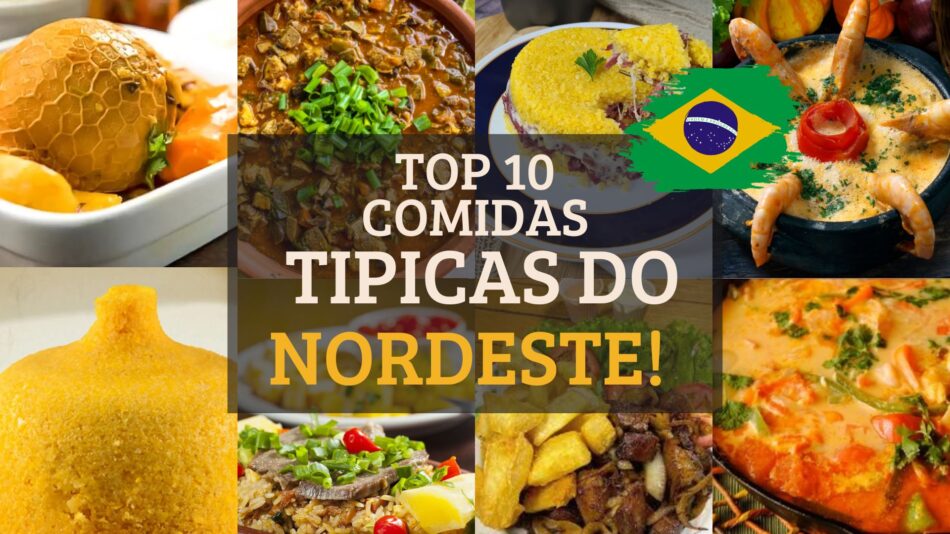 10 comidas da culinária do nordeste dispostos em um mosaico de imagens. acarajé nordestino, baião de dois nordestino, cuscuz nordestino, moqueca baiana, buchada de bode.