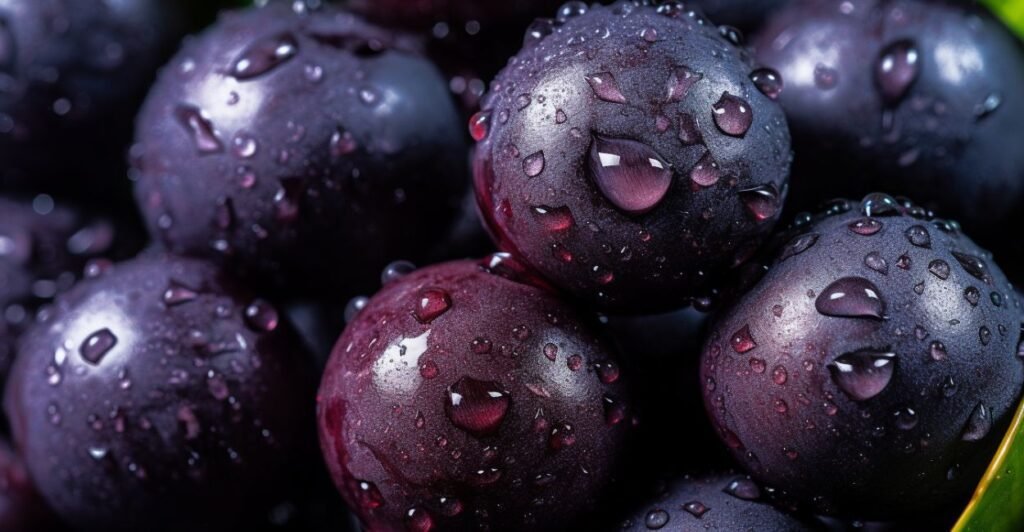 O açaí é uma fruta brasileira de cor roxa escura, geralmente consumida como suco ou em tigelas com frutas e granola.