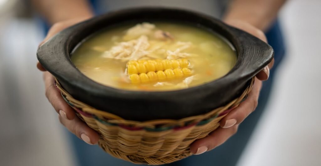 Tigela de ajiaco colombiano com pedaços de frango desfiado, batatas, milho e guascas, acompanhada de creme de leite, alcaparras e fatias de abacate.