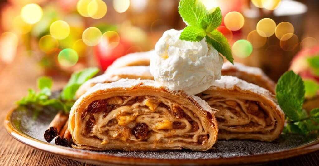 Apfelstrudel fatiado com recheio visível de maçã e passas, polvilhado com açúcar de confeiteiro.