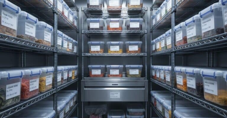 Interior de uma câmara fria ou despensa profissional com alimentos organizados em recipientes plásticos transparentes, devidamente etiquetados e em prateleiras de aço inox.
