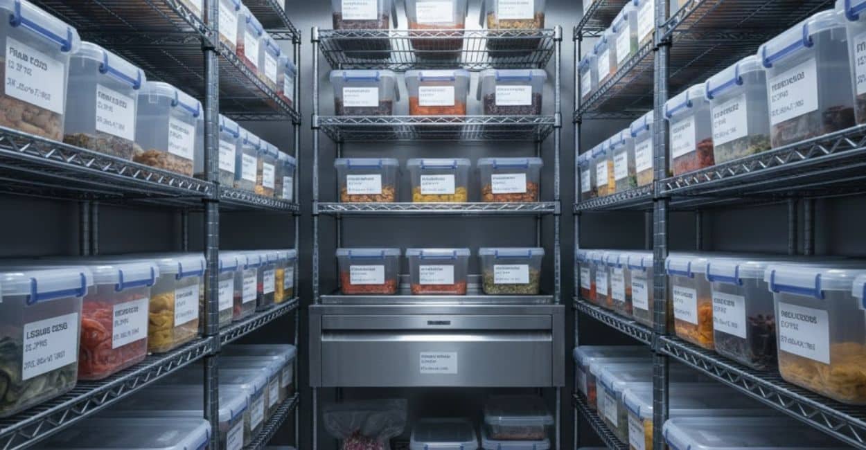 Interior de uma câmara fria ou despensa profissional com alimentos organizados em recipientes plásticos transparentes, devidamente etiquetados e em prateleiras de aço inox.