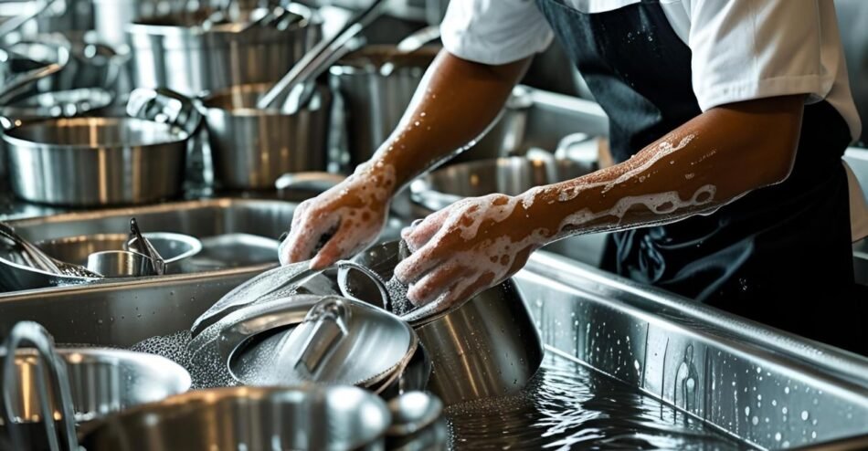 Auxiliar de cozinha lavando utensílios em cozinha profissional.