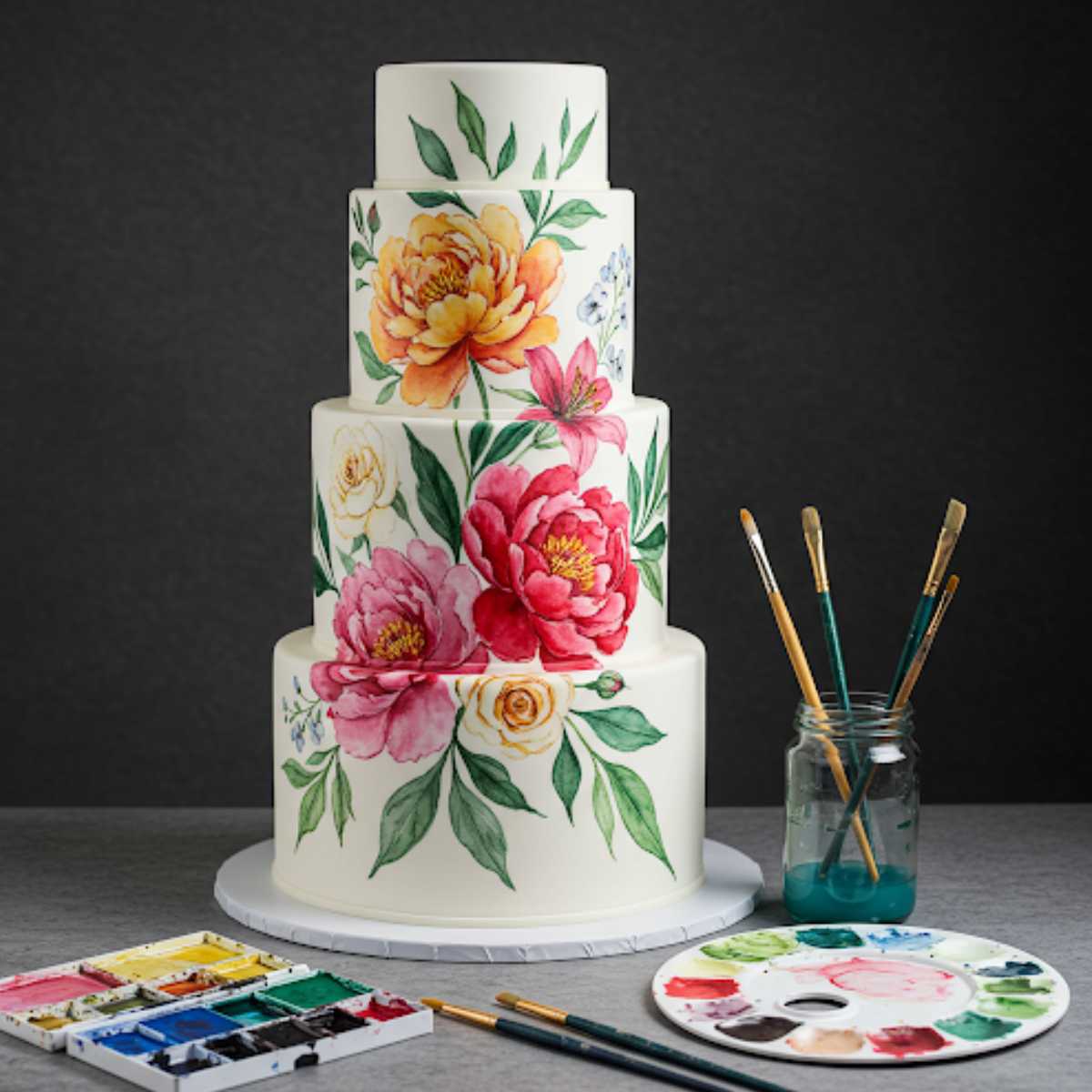 Bolo artístico pintado à mão com detalhes florais em estilo aquarela. tendência em 2025.