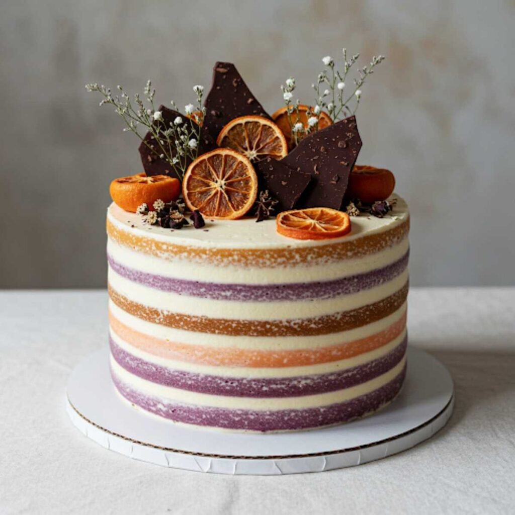 Naked cake estilizado com camadas de cores diferentes e decoração sofisticada no topo.