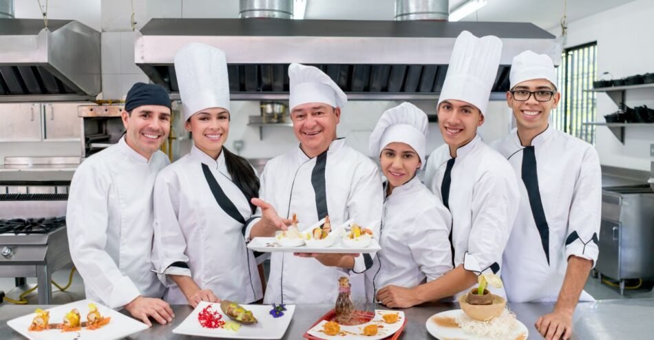 Brigada de cozinha apresentando os pratos que seram servidos no dia.